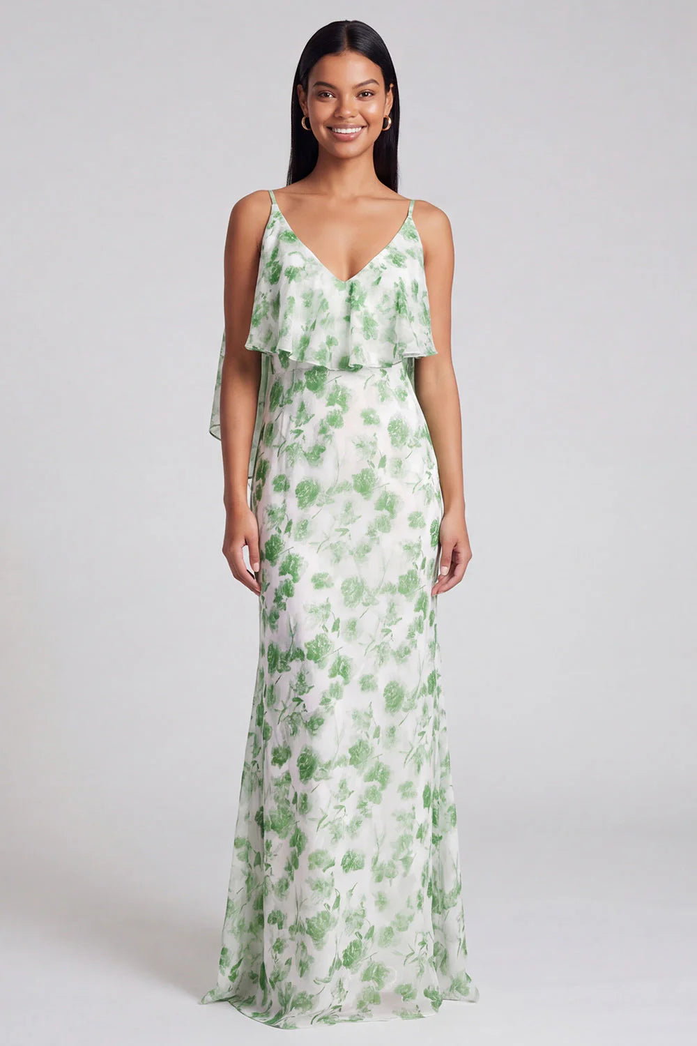 Light Blue Floral Spaghetti Straps Mermaid Maxi Dress