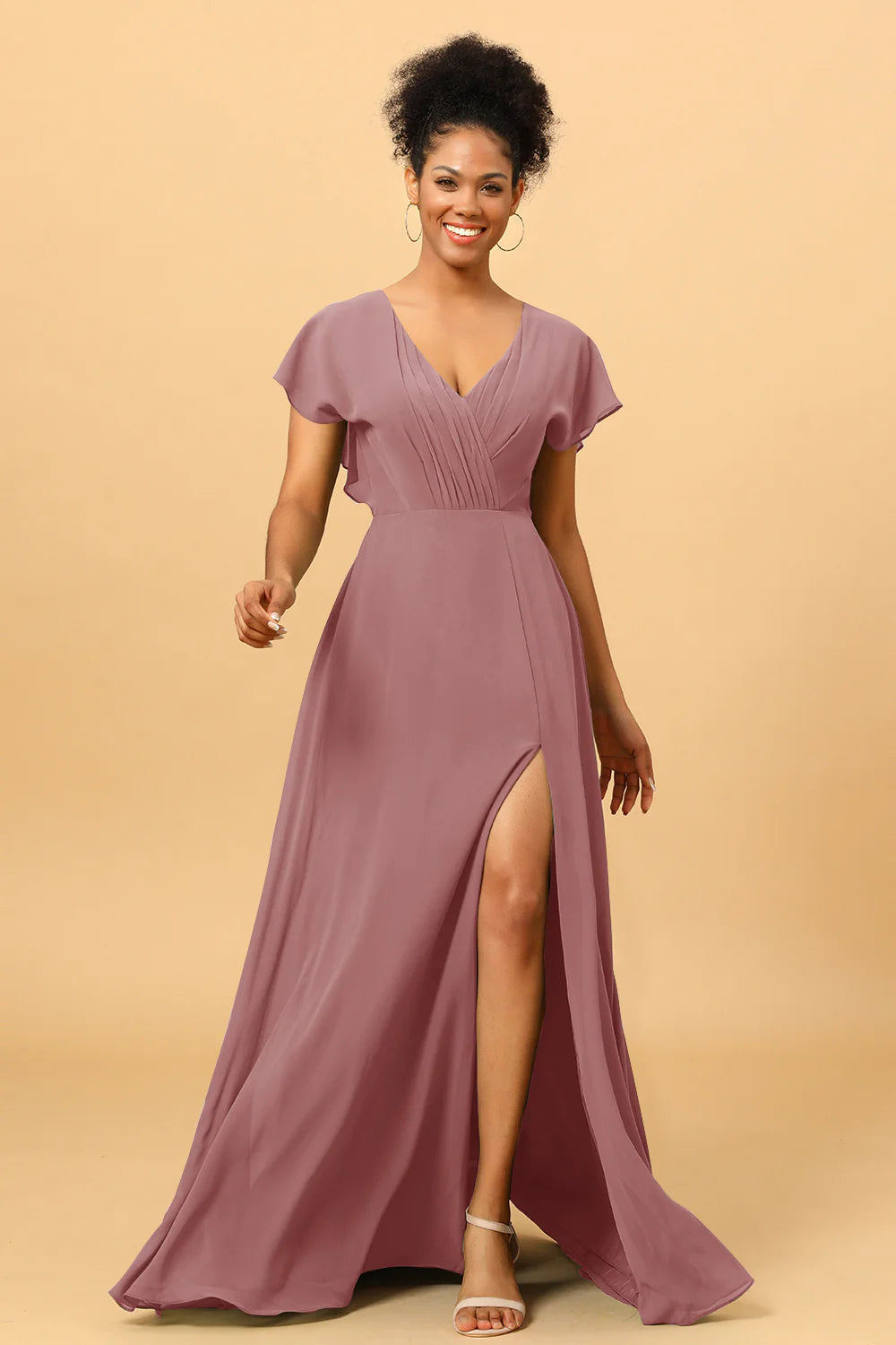 A Line V Neck Ruched Chiffon Bridesmaid Dress with Slit
