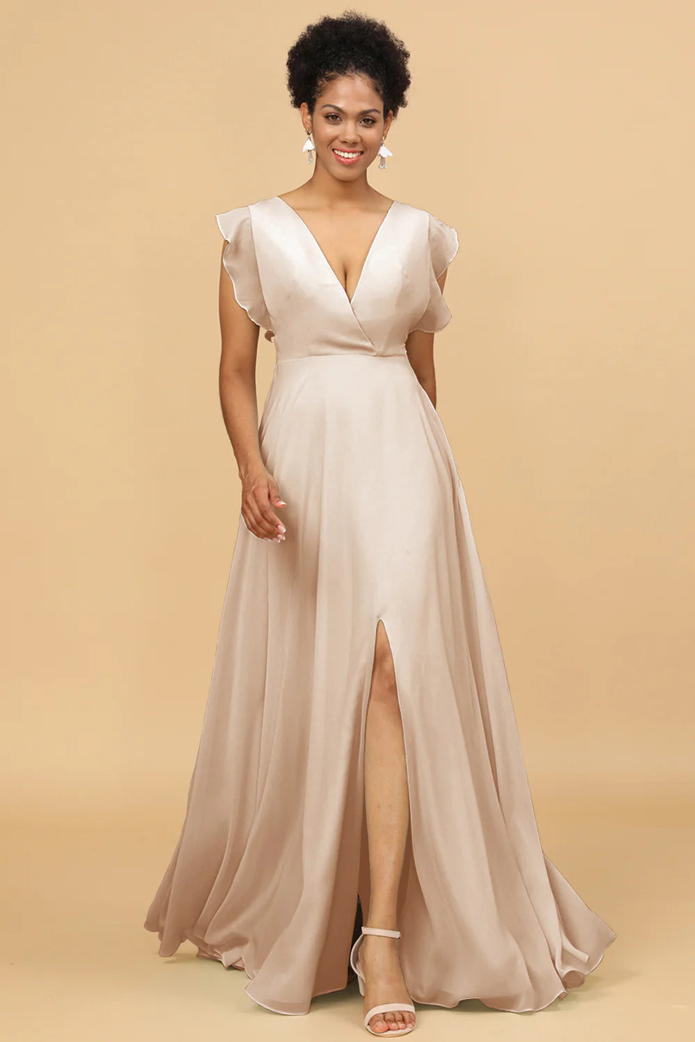 A Line V Neck Floor Length Chiffon Bridesmaid Dress with Slit