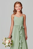 Ruffled Chiffon Sage Green A Line Spaghetti Straps Long Junior Bridesmaid Dress
