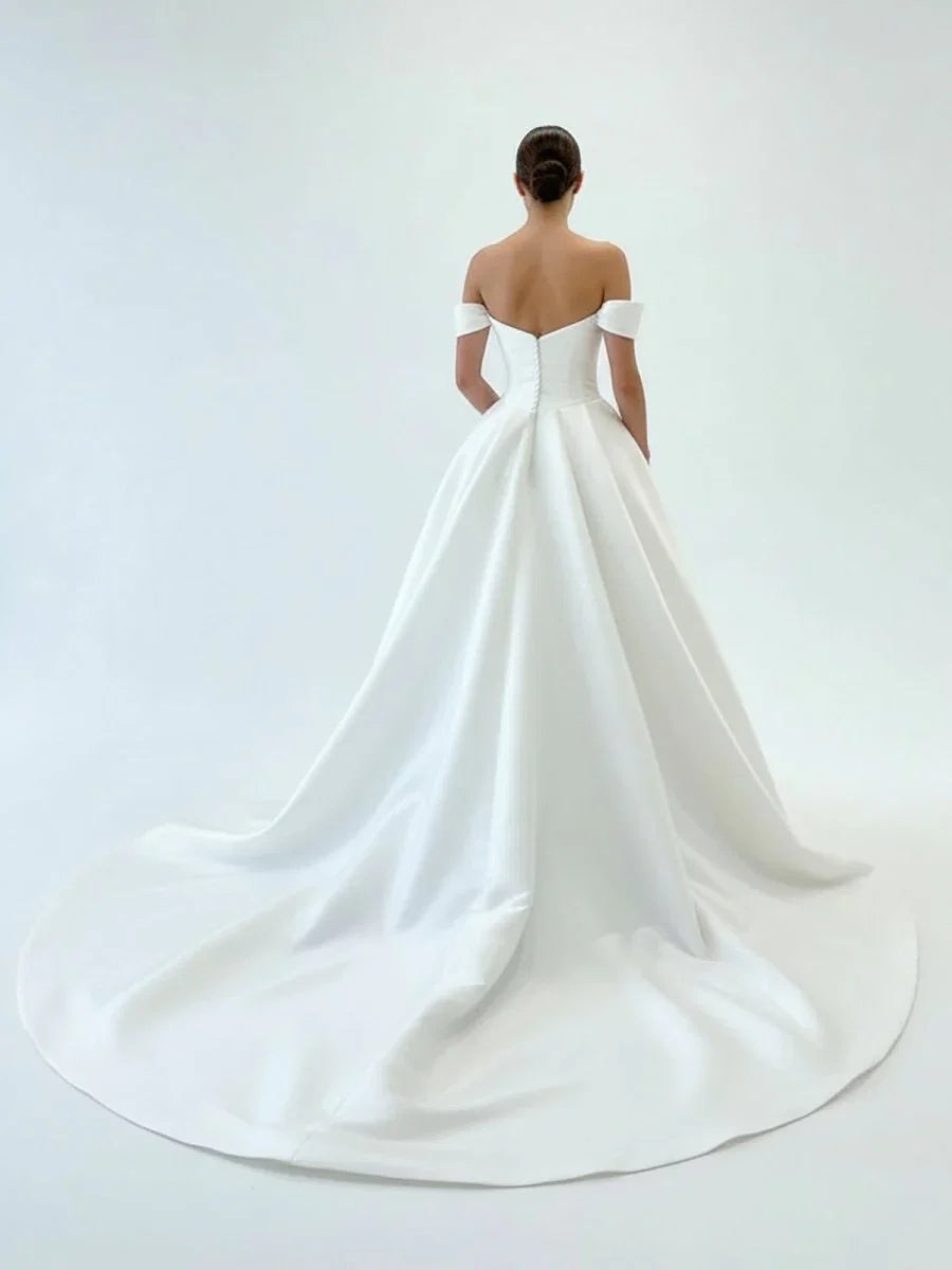 Elegant A Line Off the Shoulder White Satin Wedding Dresses