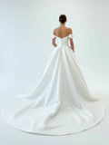 Elegant A Line Off the Shoulder White Satin Wedding Dresses