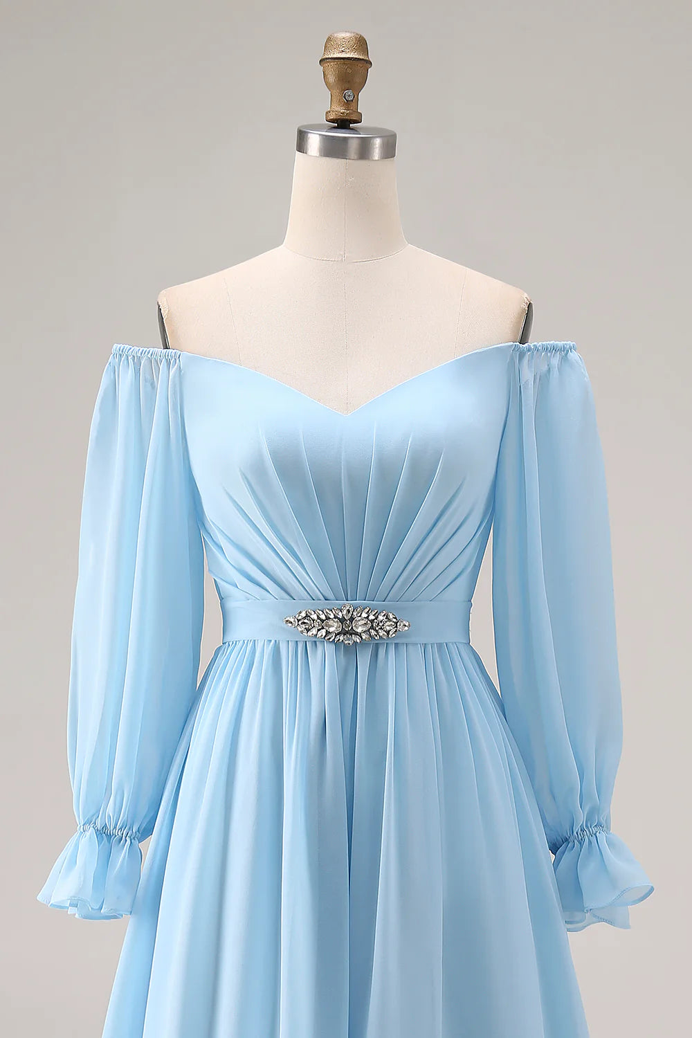 Off the Shoulder Sky Blue A Line Long Sleeve Bridesmaid Dress with Slit