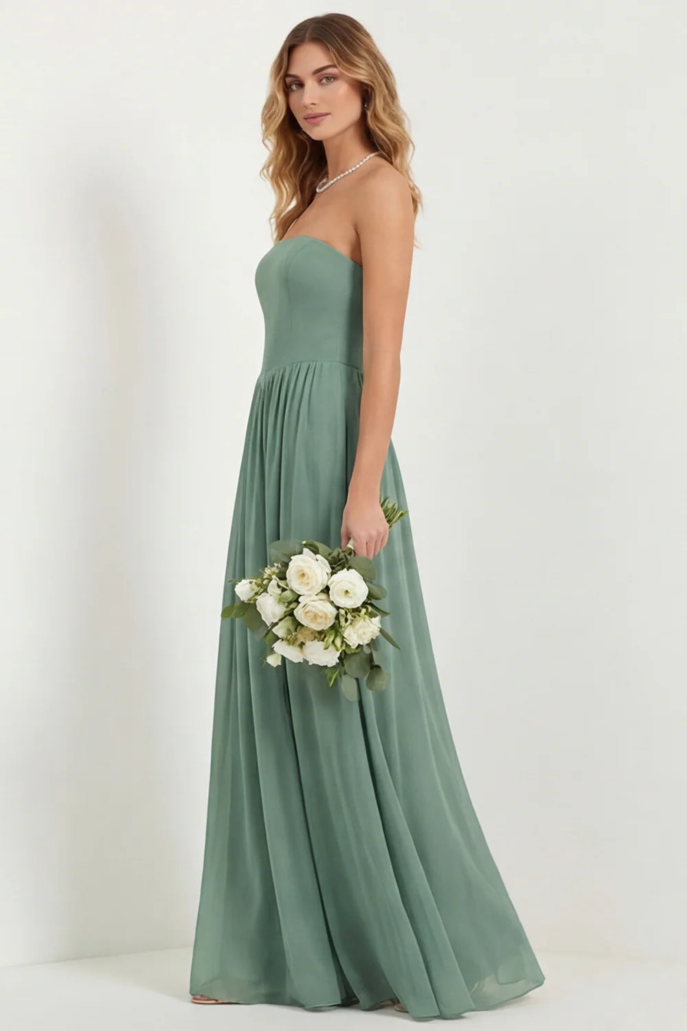 Strapless Eucalyptus Chiffon A Line Long Bridesmaid Dress with Pockets
