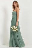 Strapless Eucalyptus Chiffon A Line Long Bridesmaid Dress with Pockets