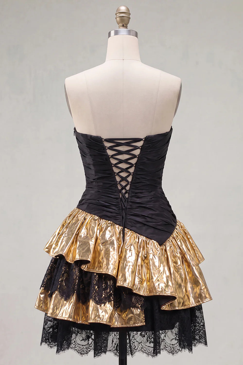 Strapless Black Golden Ruched A Line Homecoming Dress with Lace