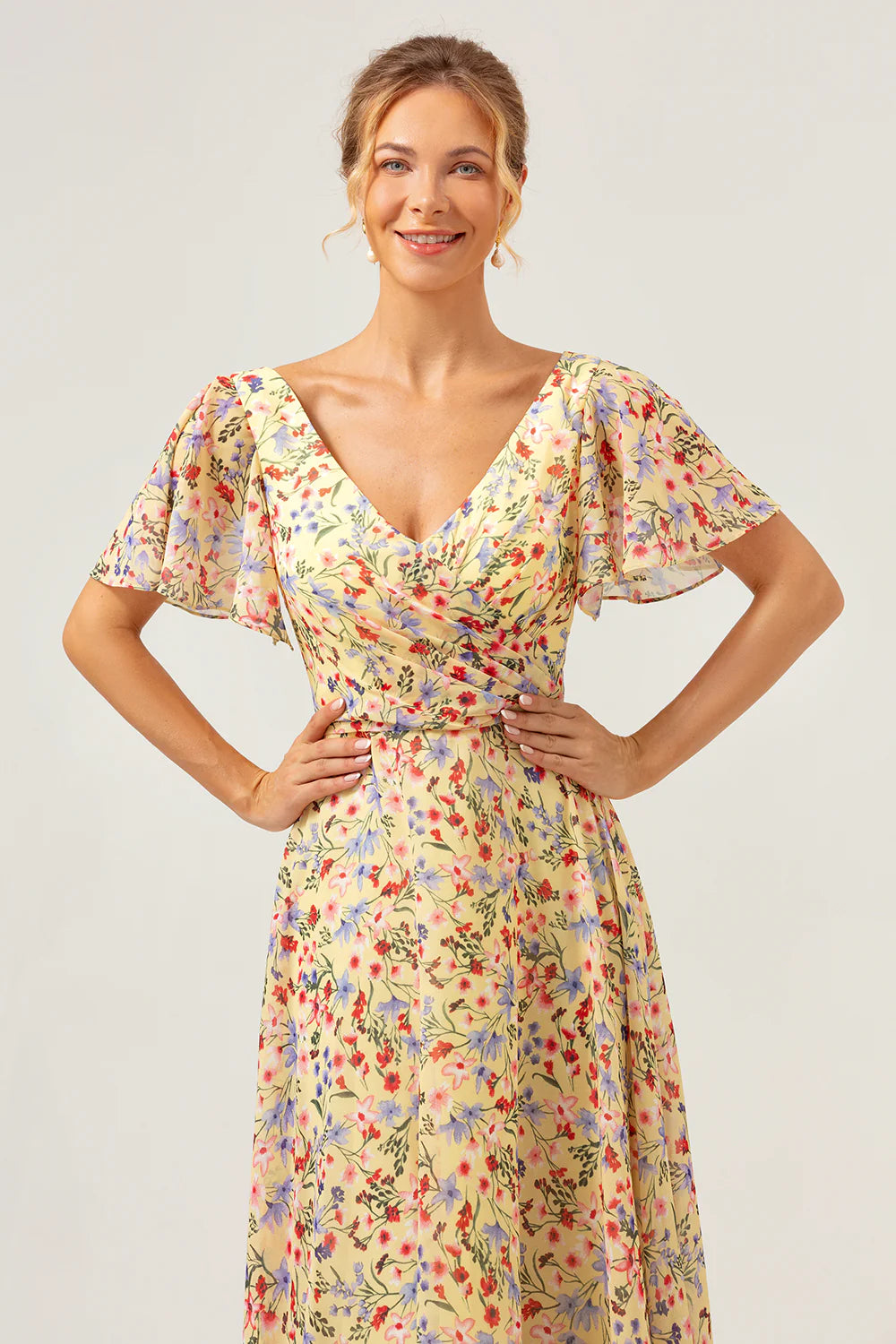 Yellow Flower Printed A Line Chiffon Long Bridesmaid Dress with Short Sleeves