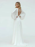 White Satin Simple A Line Long Wedding Dress with Slit