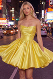 Yellow A Line Satin Strapless Homecoming Dress