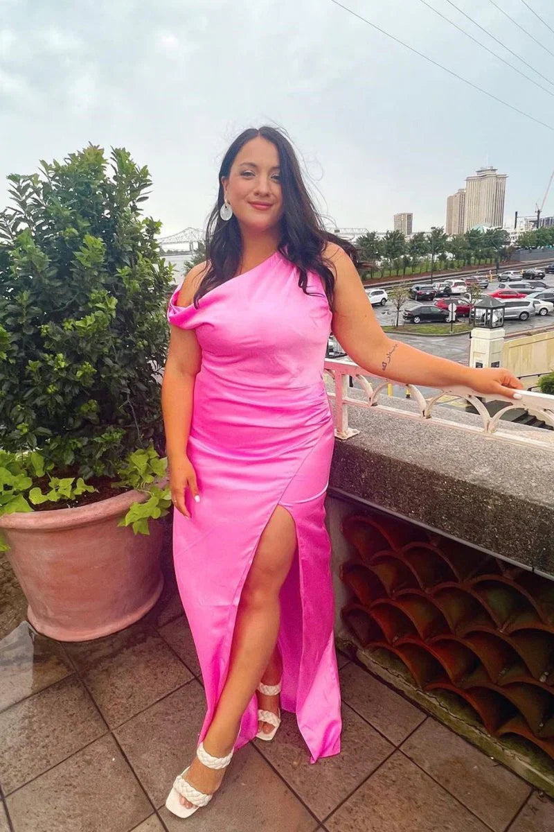 Mermaid Satin One Shoulder Bridesmaid Dress with Slit