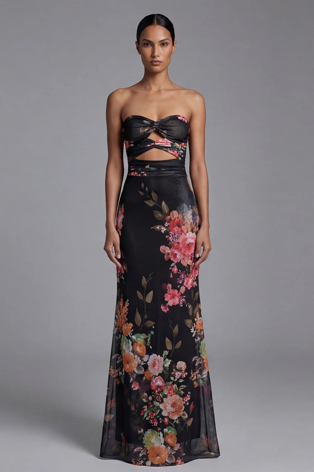 Strapless Mermaid Ruched Black Cut Out Floral Formal Dress