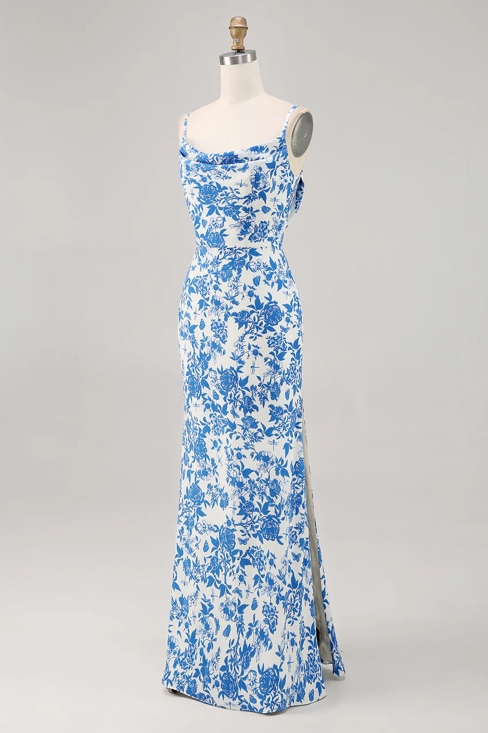 Blue Flower Printed Sheath Spaghetti Straps Maxi Dress