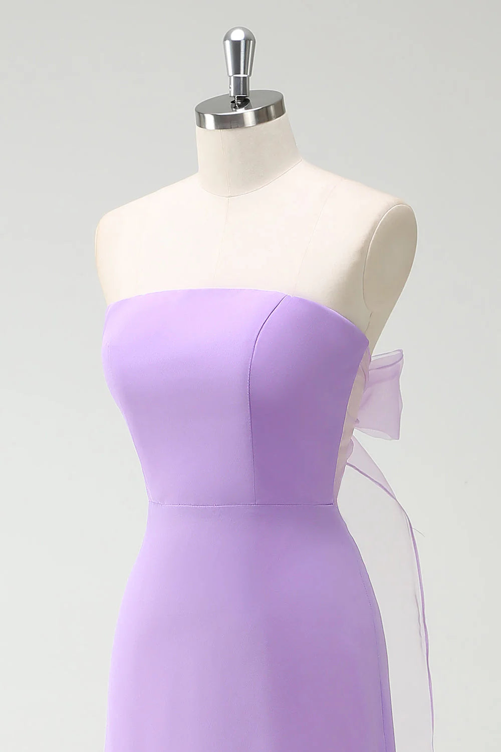 Purple A Line Strapless Lace Up Back Ruffled Long Bridesmaid Dress with Ruffled Slit