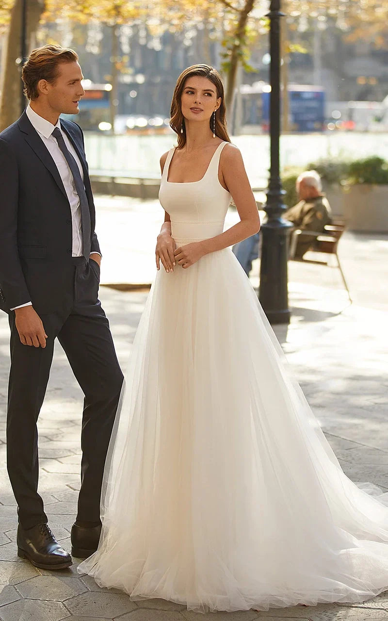 Simple A Line Minimalist Casual Square Tulle Wedding Dress with Sweep Train
