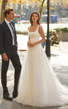 Simple A Line Minimalist Casual Square Tulle Wedding Dress with Sweep Train