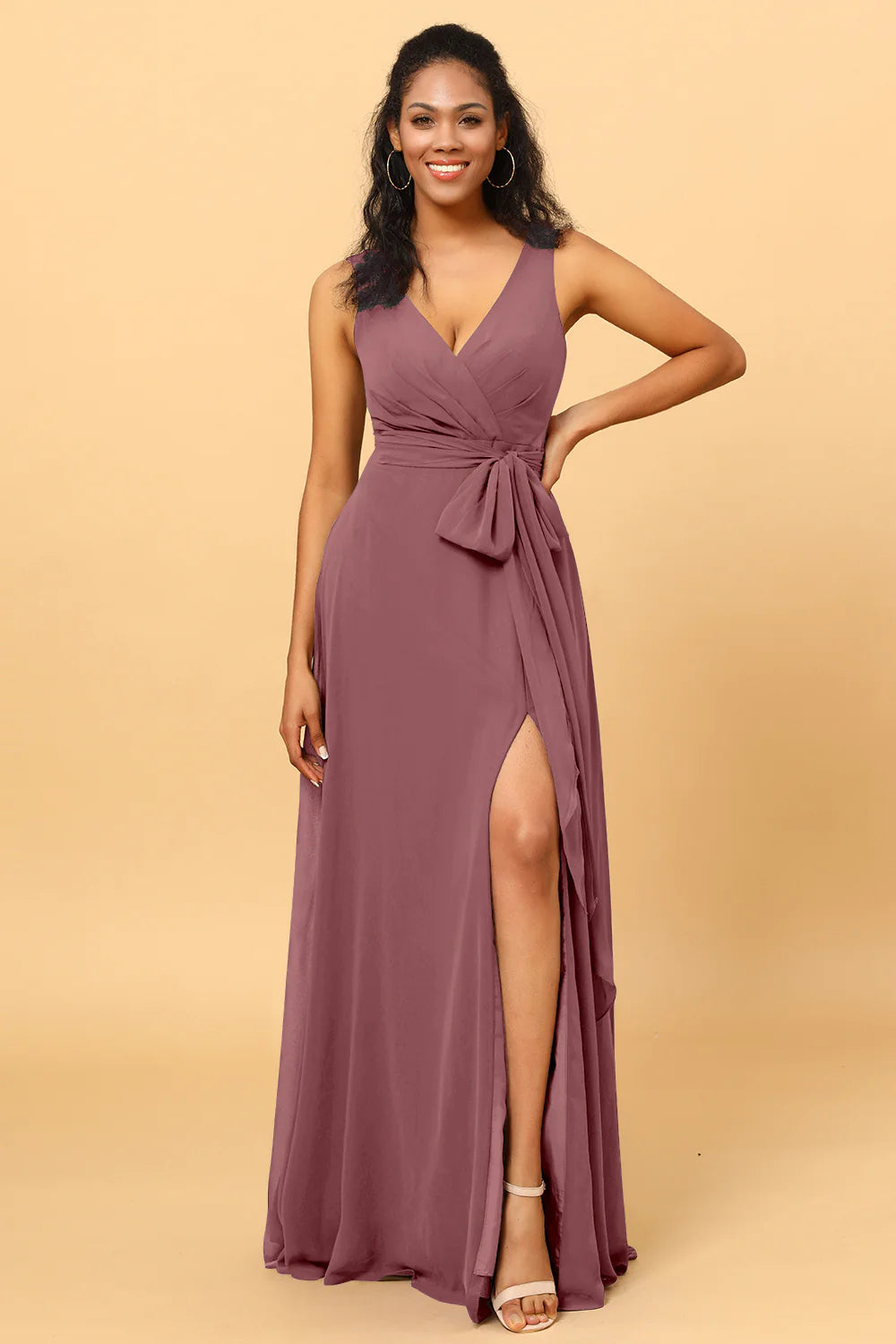 A Line V Neck Sleeveless Long Chiffon Bridesmaid Dress with Slit