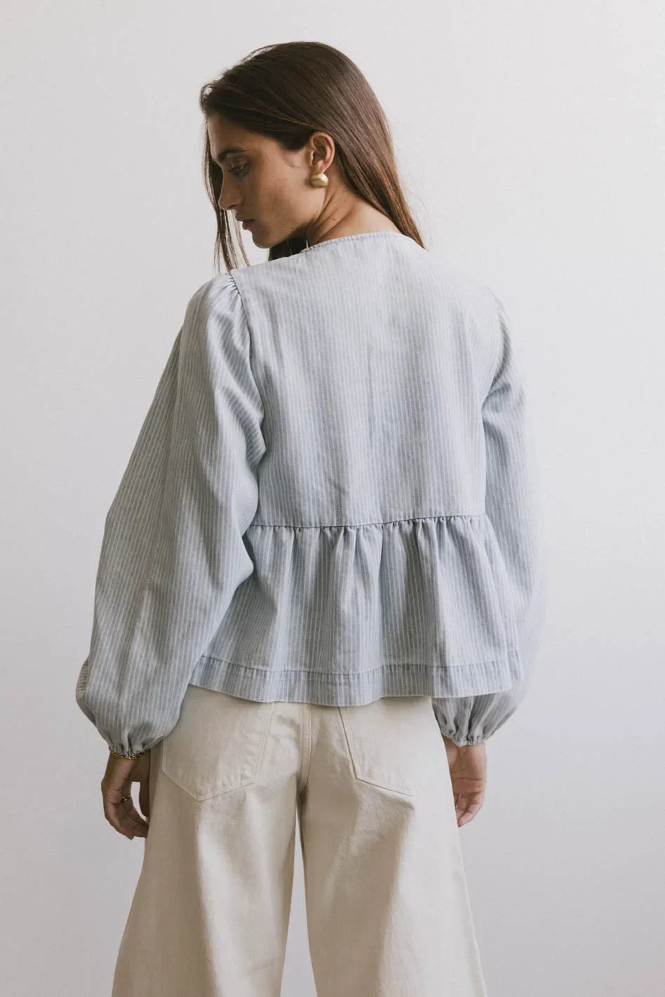 Maggie Peplum Tie Blouse in Light Wash FINAL SALE