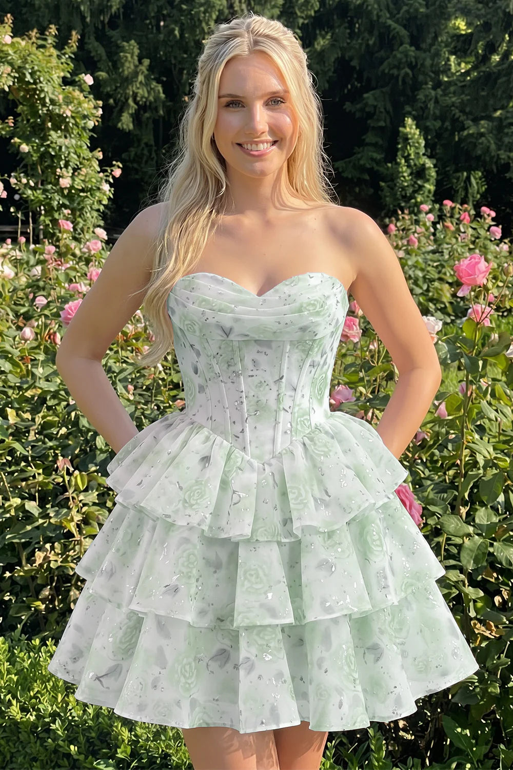 Strapless Floral A Line Sequin Corset Pink Homecoming Dress