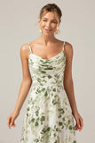 Green Printed A Line Cowl Neck Long Bridesmaid Dress With Slit