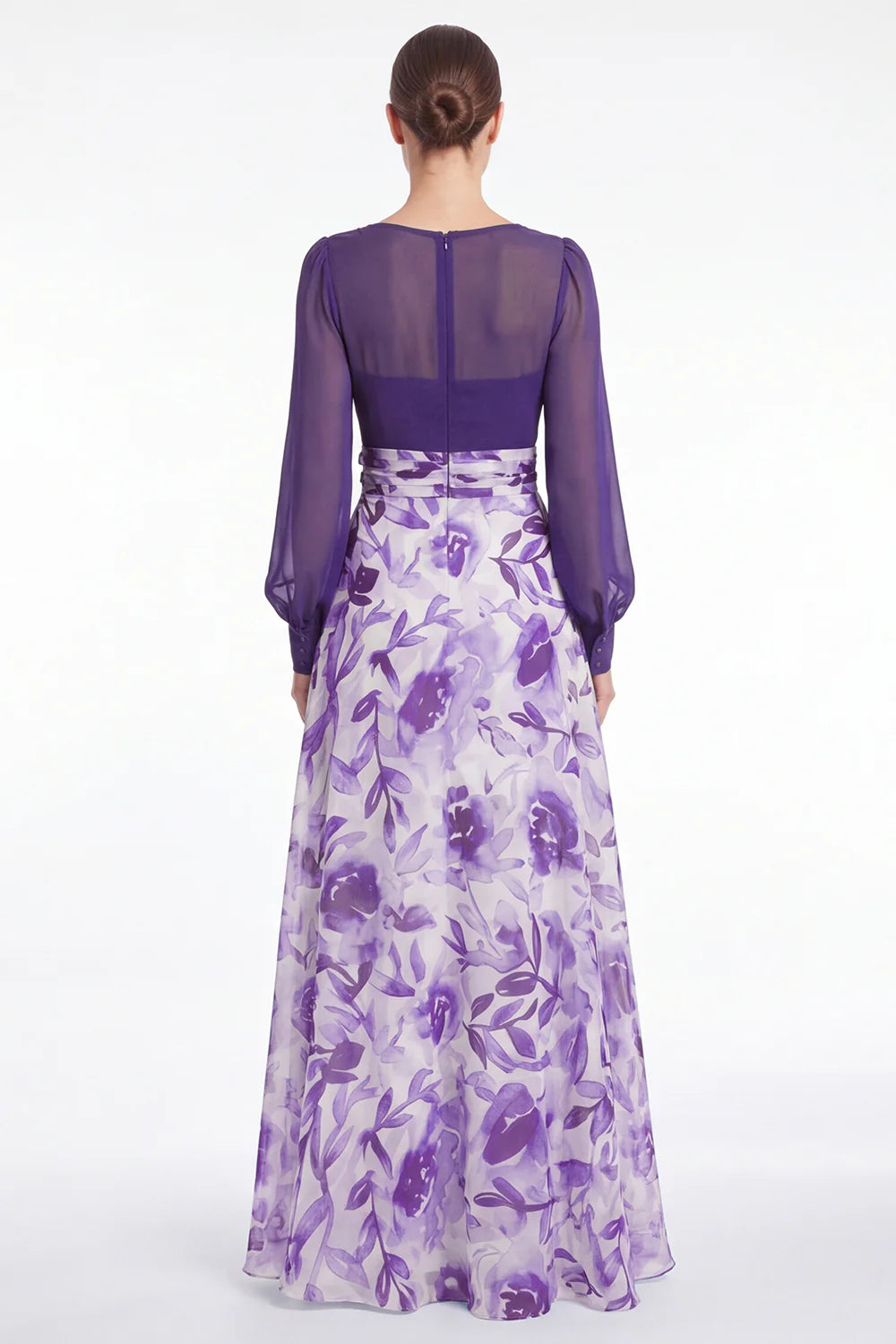 A Line Blue Flower V Neck Mother of the Bride Dress with Long Sleeves