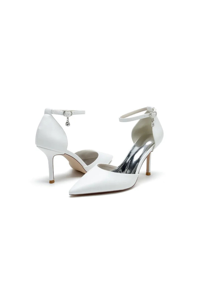 Pointed Toe Sexy Ankle Strap White Satin Wedding Shoes