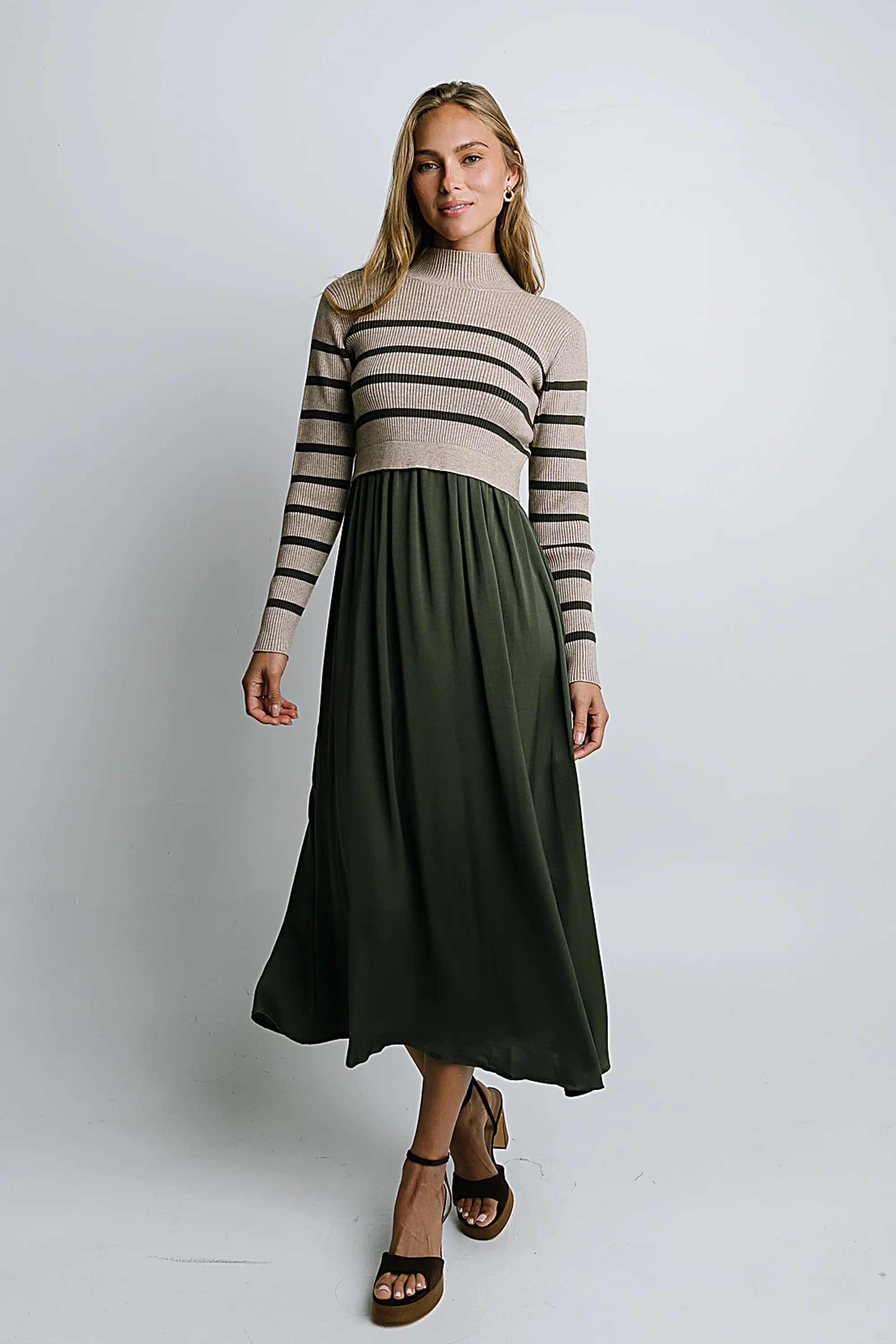 Zeda Midi Dress in Olive Stripe
