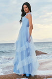 Grey Blue A Line Ruched Corset Long Bridesmaid Dress with Ruffles