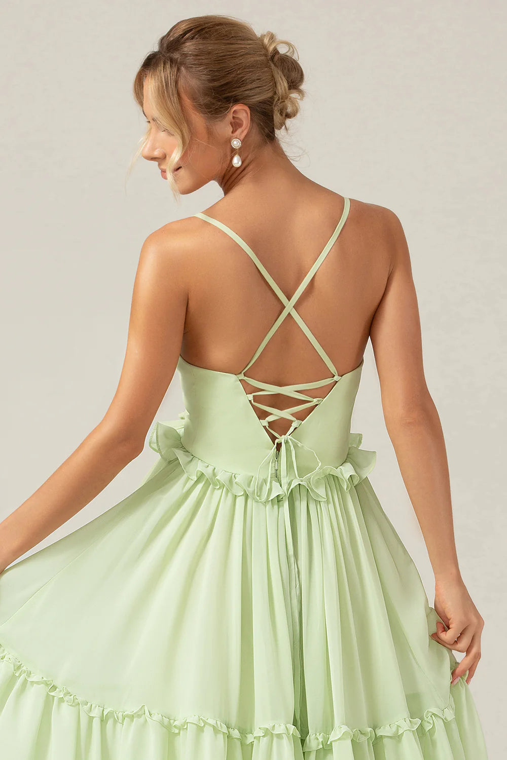 A Line Spaghetti Straps Backless Long Green Bridesmaid Dress With Ruffles