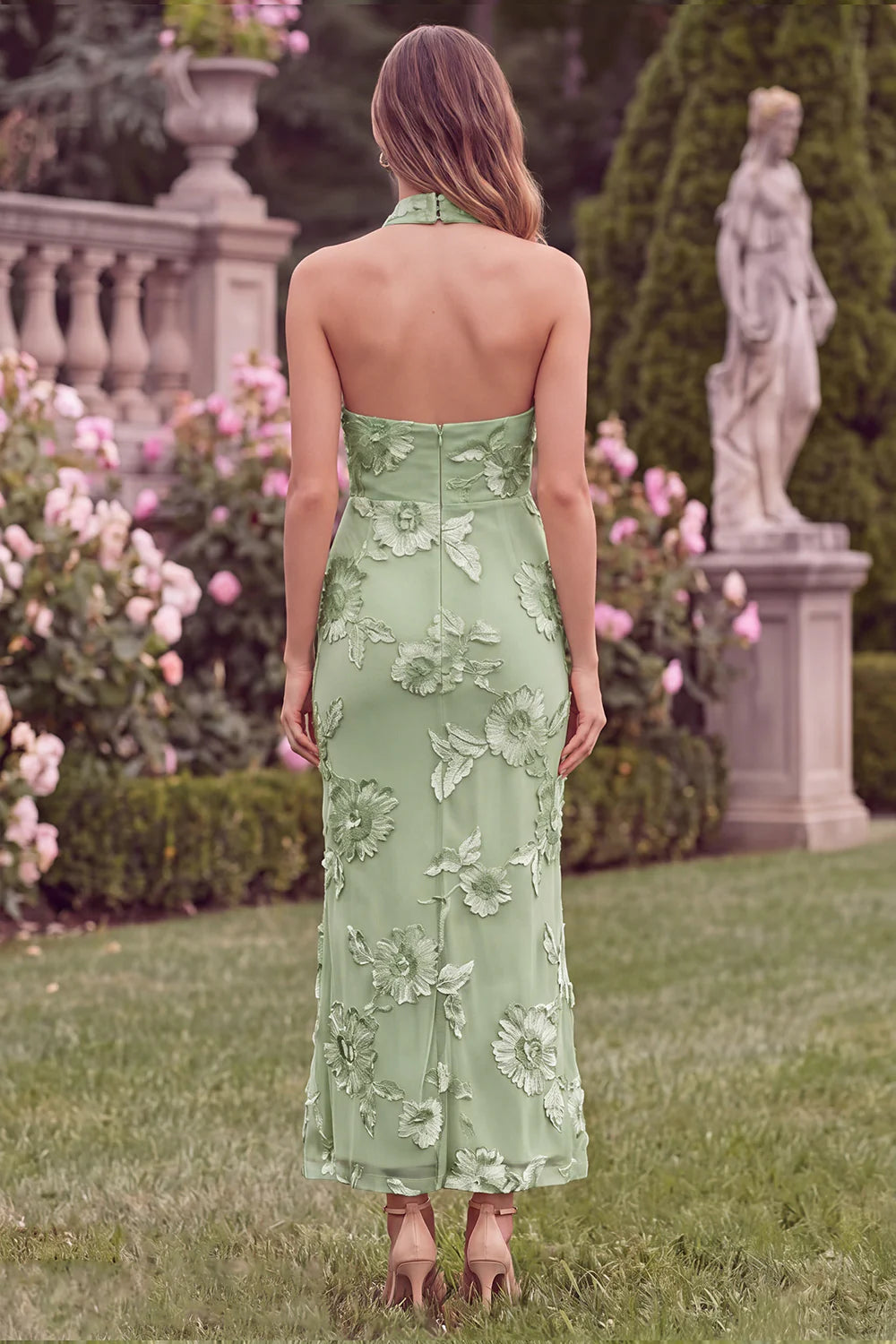 Halter Sage Mermaid Floral Wedding Guest Dress with Scarf