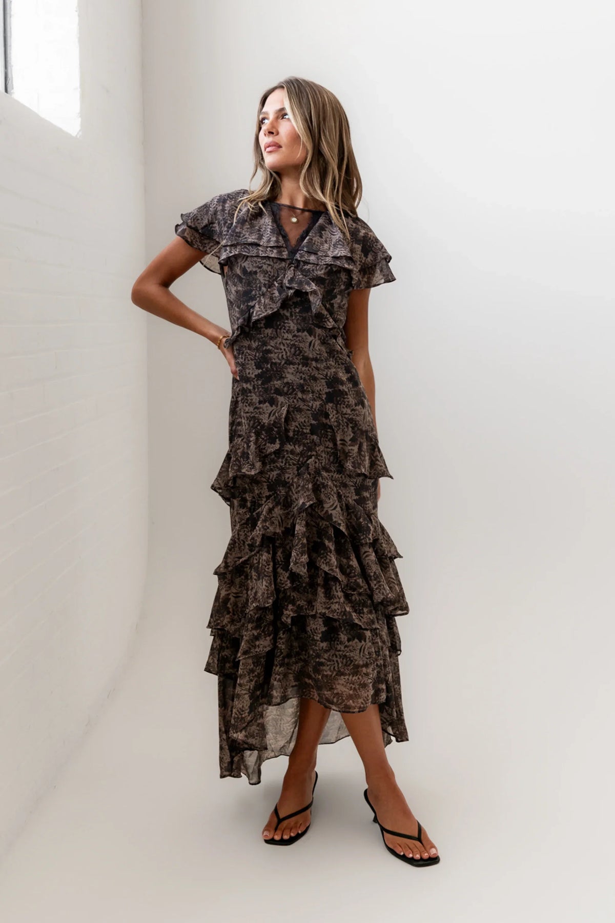 James Ruffle Maxi Dress in Grey