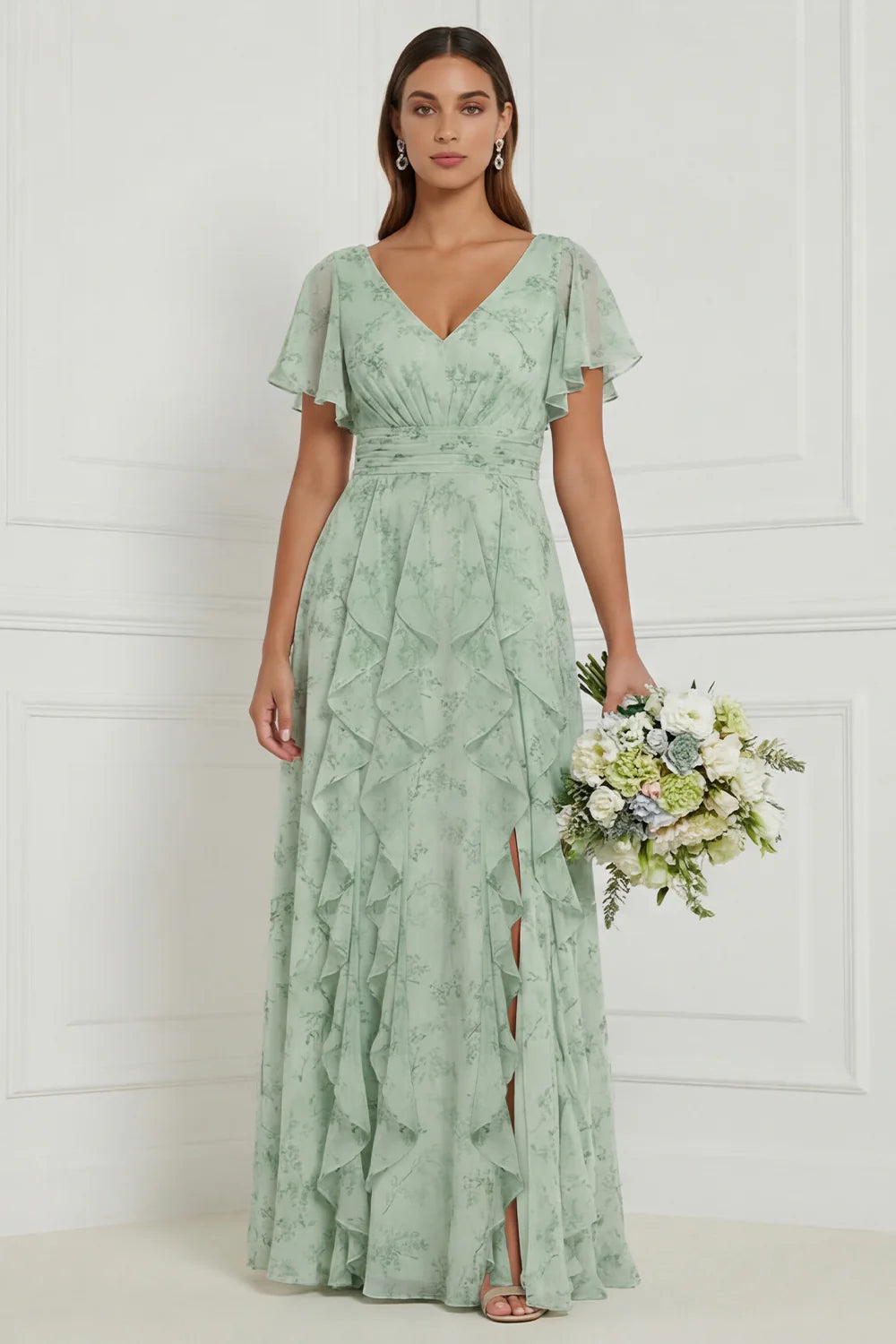 Dusty Sage A Line V Neck Ruffled Long Bridesmaid Dress with Short Sleeves