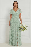 Dusty Sage A Line V Neck Ruffled Long Bridesmaid Dress with Short Sleeves