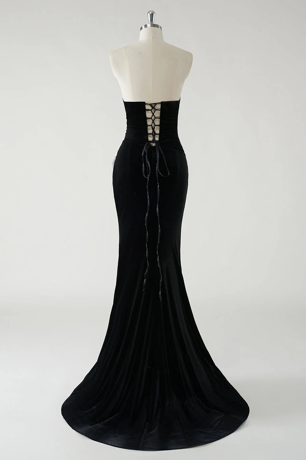 Sparkly Black Mermaid Strapless Velvet Bows Long Prom Dress With High Slit