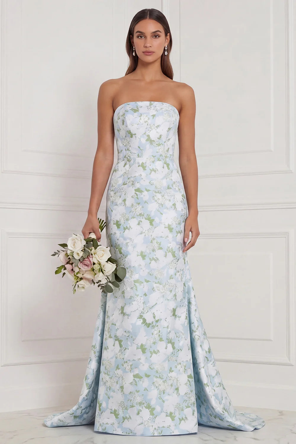 Blue White Flower Strapless Mermaid Bridesmaid Dress with Slit