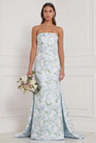 Blue White Flower Strapless Mermaid Bridesmaid Dress with Slit
