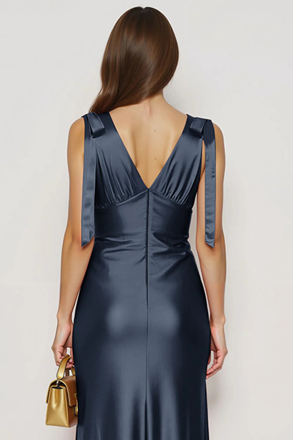 Navy Mermaid V Neck Satin Long Formal Dress
