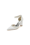 Womens Wedding Shoes Satin Block Heel Pearl Rhinestone Tassel Wedding Shoes