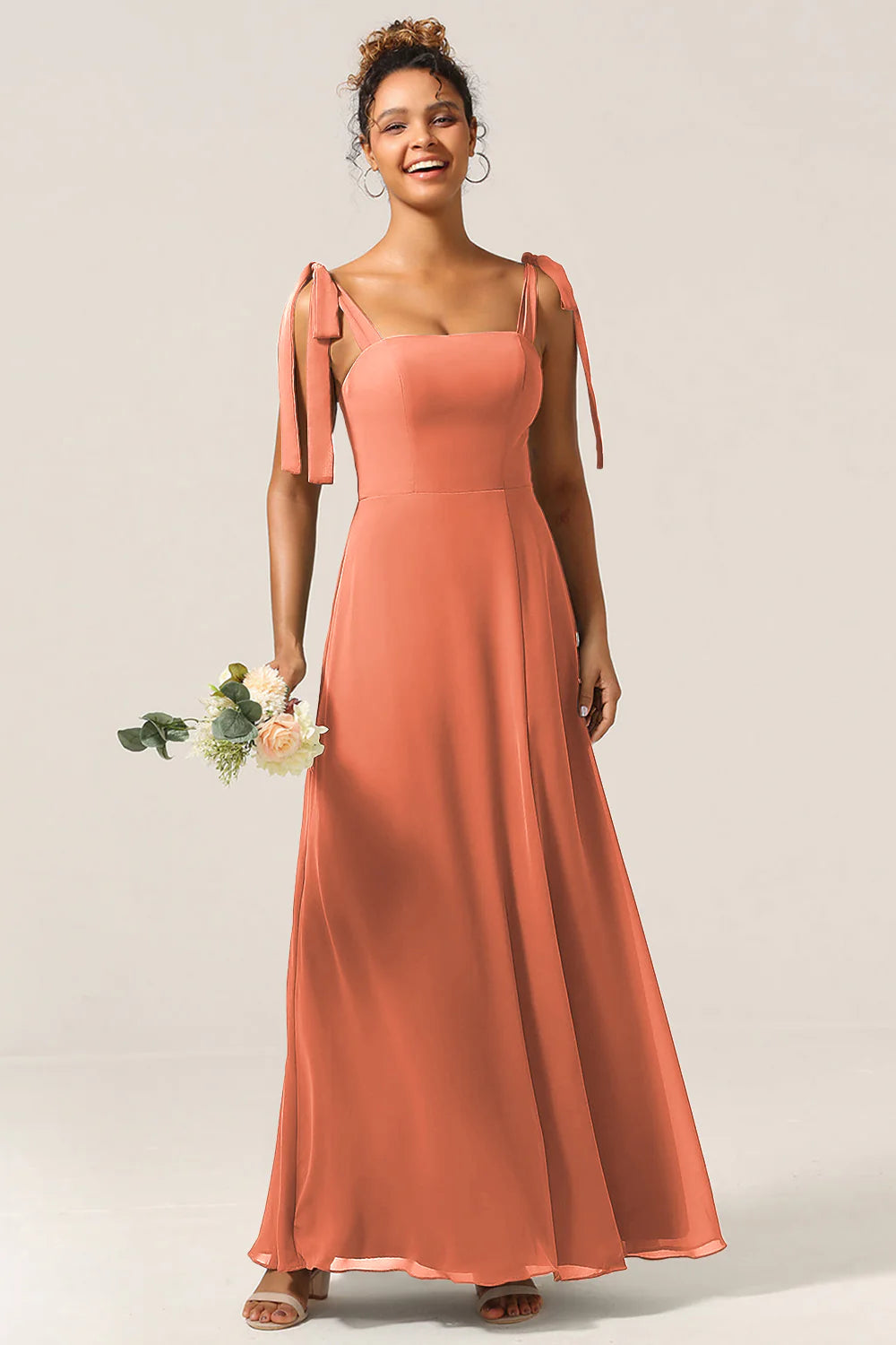 A Line Spaghetti Straps Floor Length Chiffon Bridesmaid Dress with Slit
