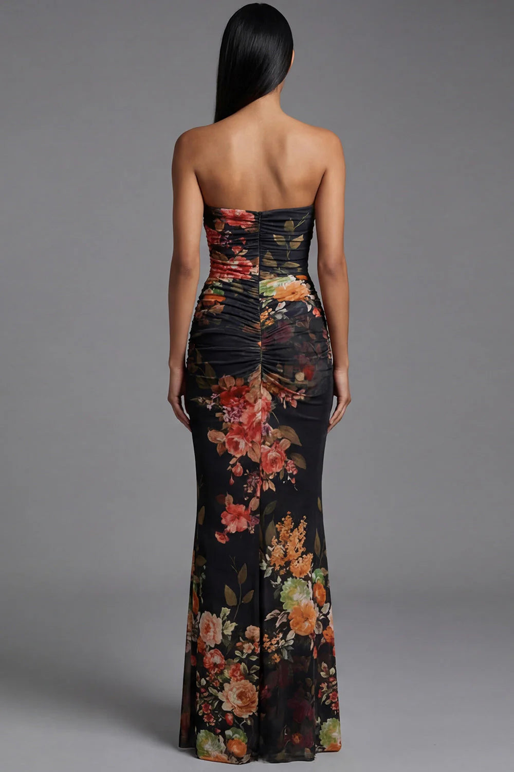 Strapless Floral Ruched Mermaid Black Formal Dress