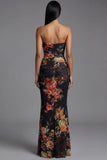 Strapless Floral Ruched Mermaid Black Formal Dress
