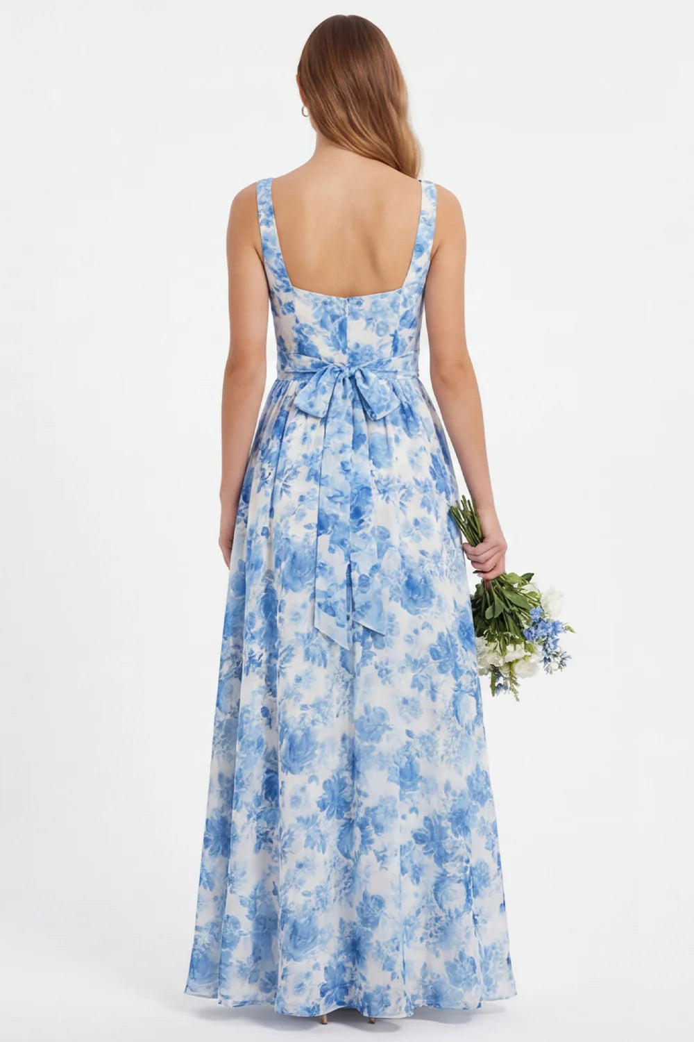 Blue Flower A Line Chiffon Square Neck Long Bridesmaid Dress with Slit