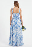 Blue Flower A Line Chiffon Square Neck Long Bridesmaid Dress with Slit