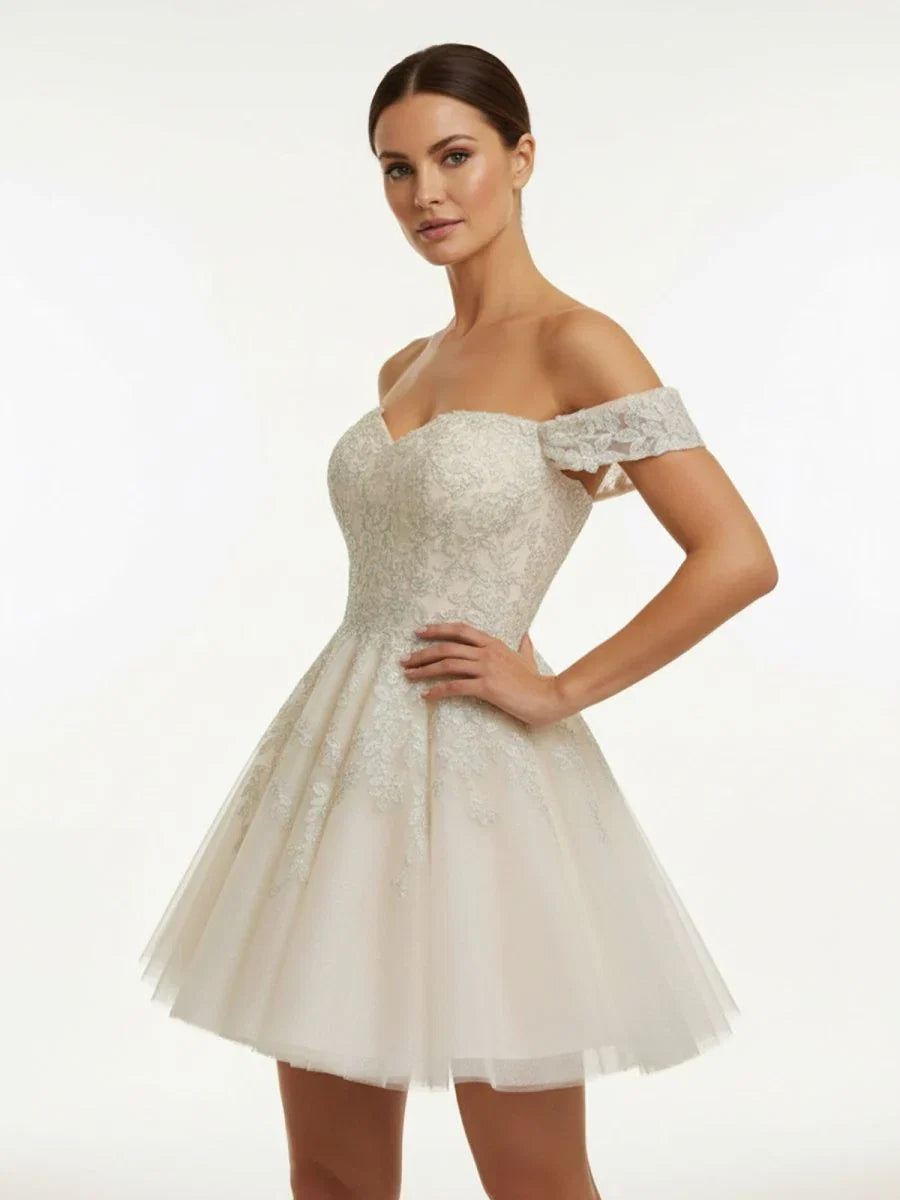 Lace White Appliques A Line Short Wedding Dress