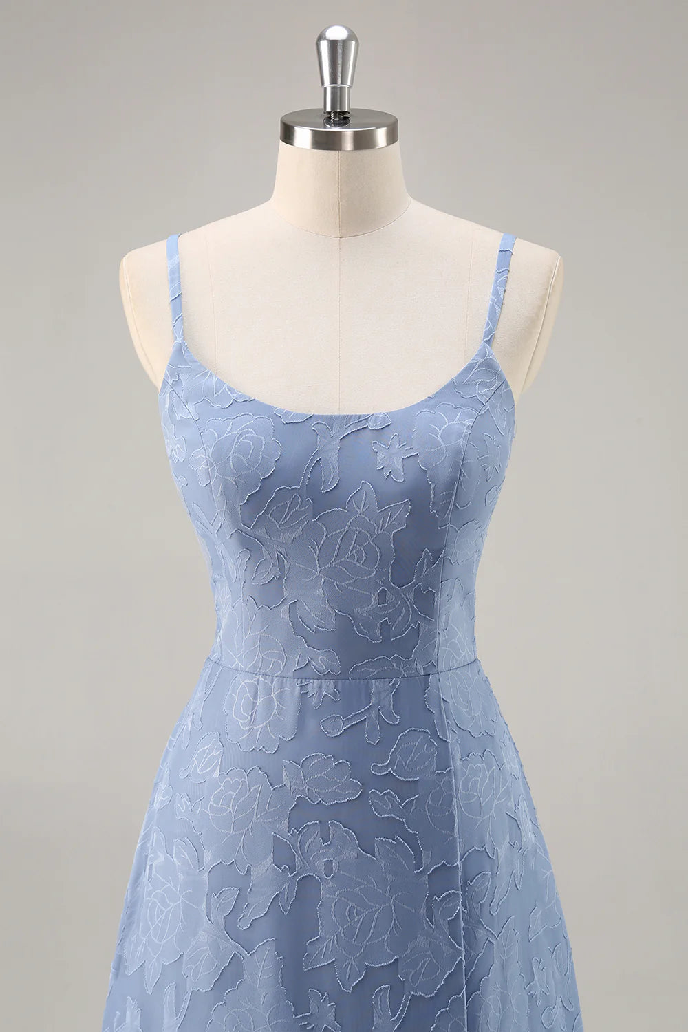 Dusty Blue A Line Floral Burnout Maxi Bridesmaid Dress with Slit