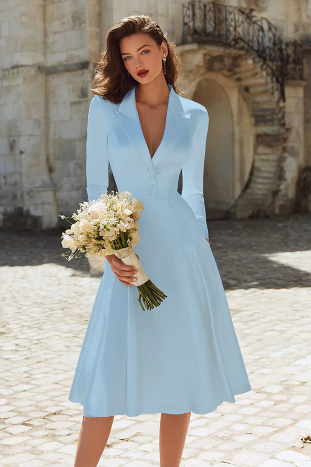 Ivory A Line Satin V Neck Courthouse Wedding Dress