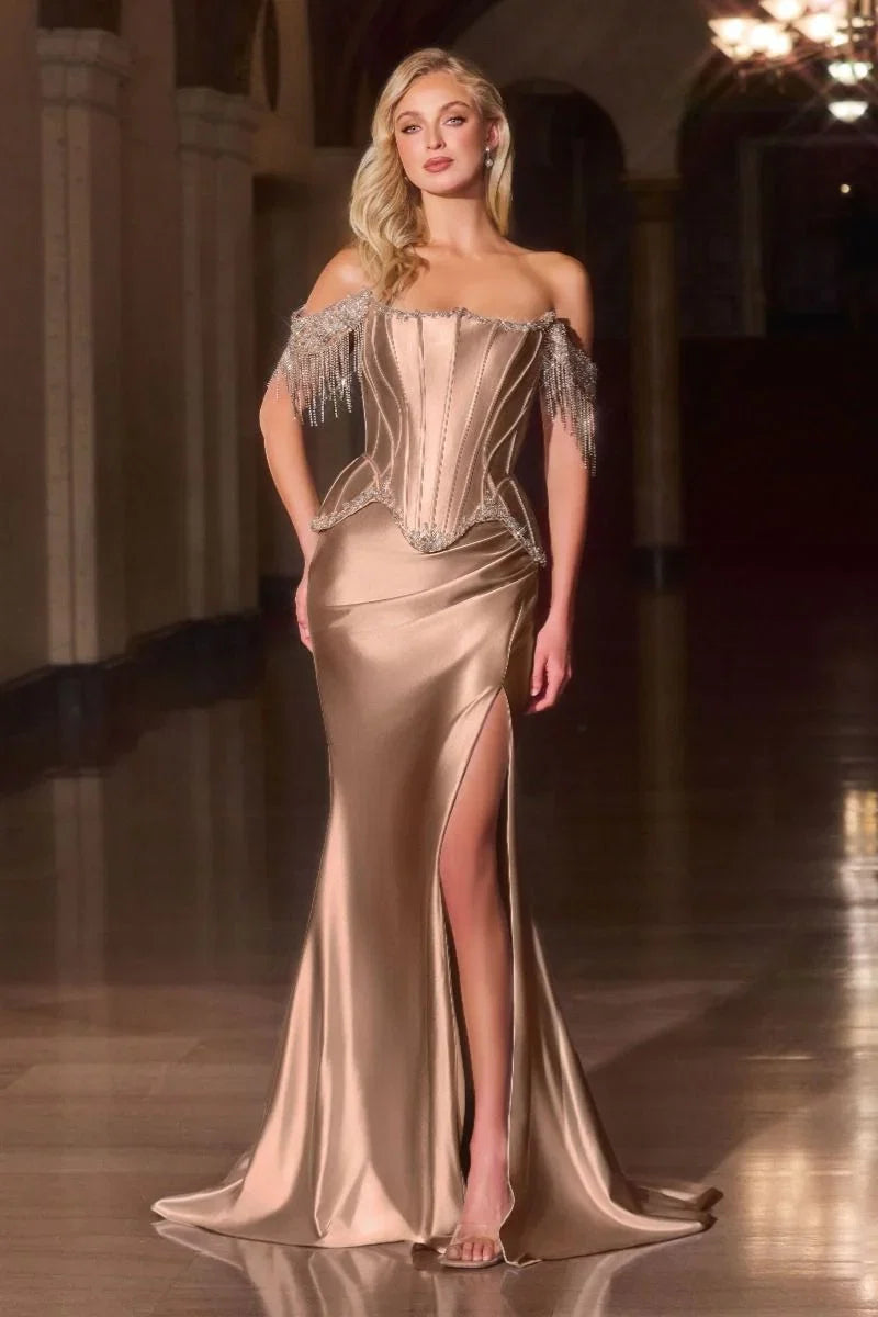 Cordelia Gown Off Shoulder Fringe Peplum Corset Dress