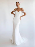Simple White Mermaid Off the Shoulder Boho Wedding Dress