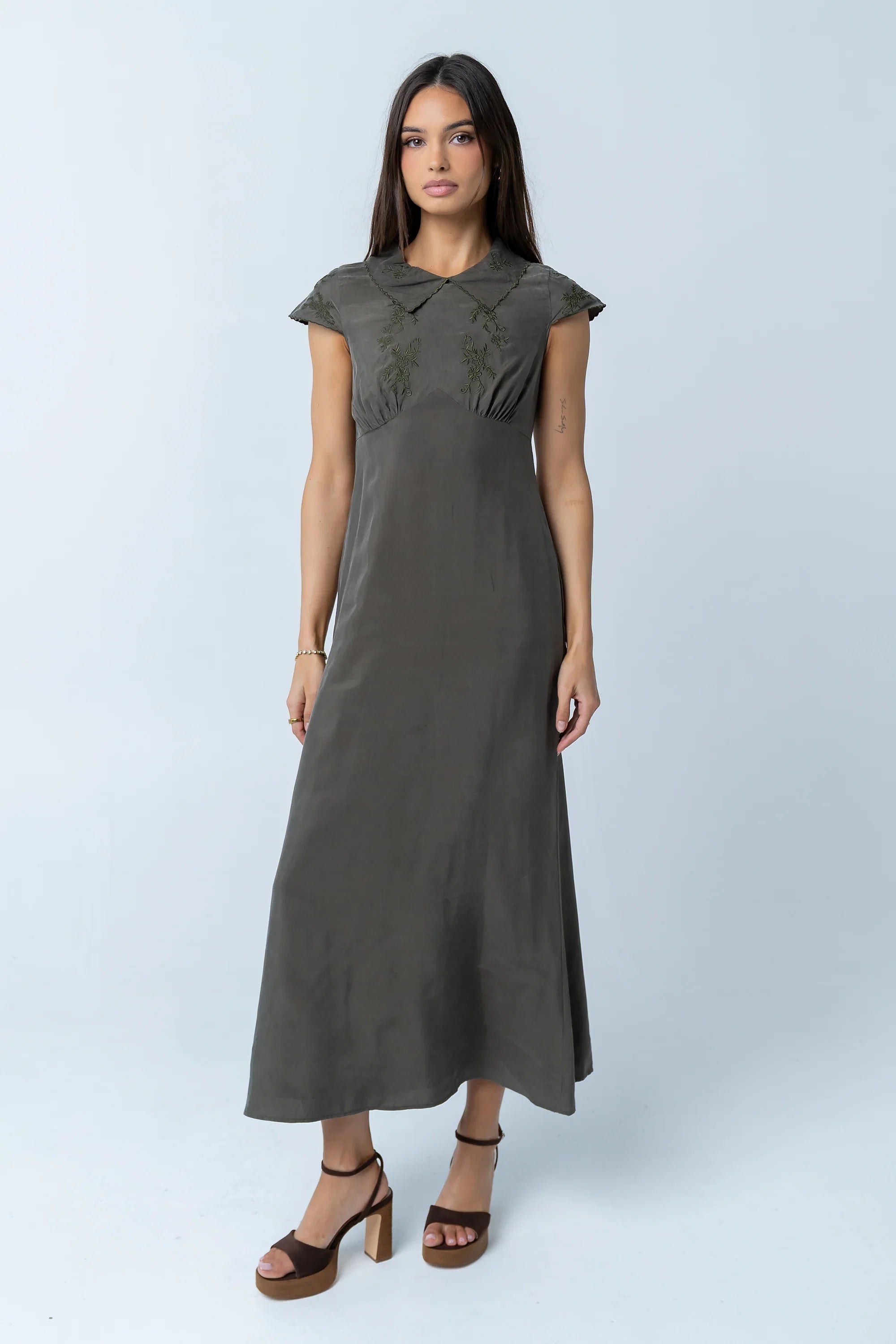 Tammy Embroidered Maxi Dress in Olive