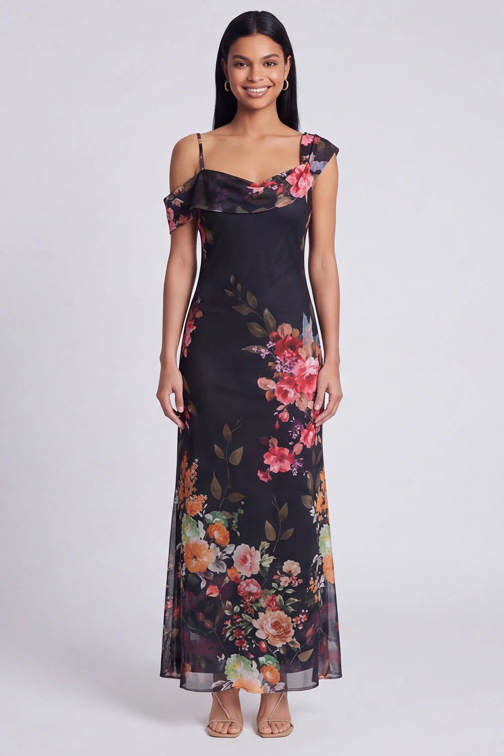Champagne Asymmetrical Neck Floral Wedding Guest Dress