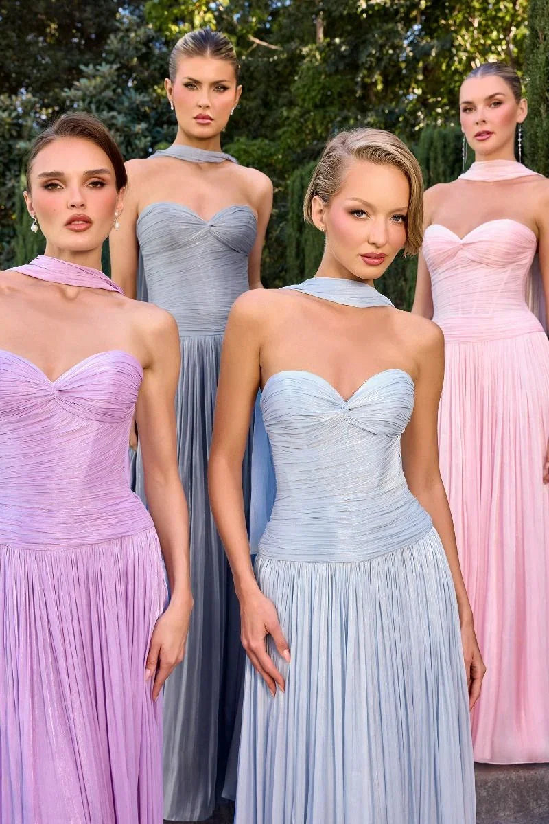 Linnea Gown Strapless Shimmer Chiffon Dress with Scarf